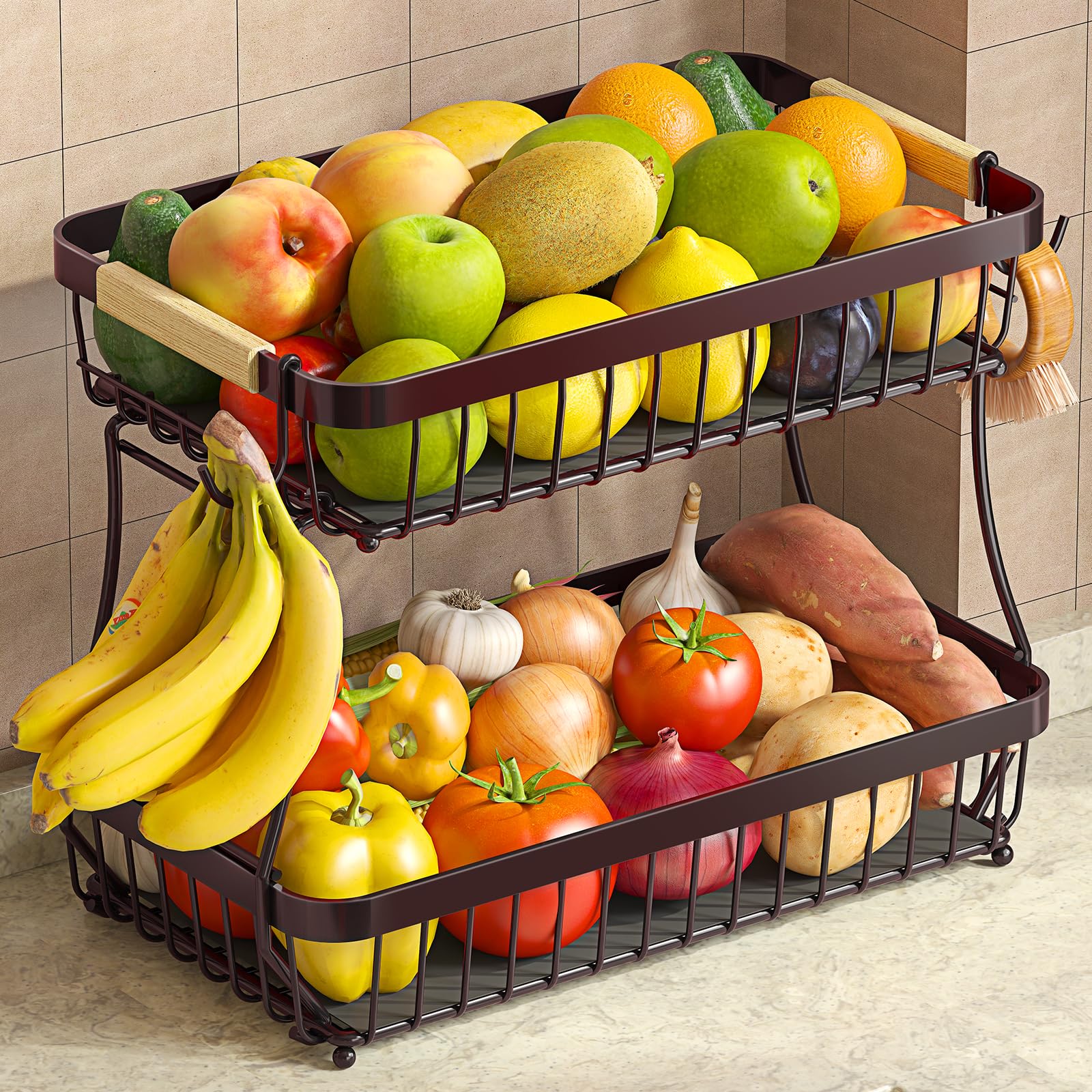 Sevenblue front view of 2-tier fruit basket showing tidy storage and appeal