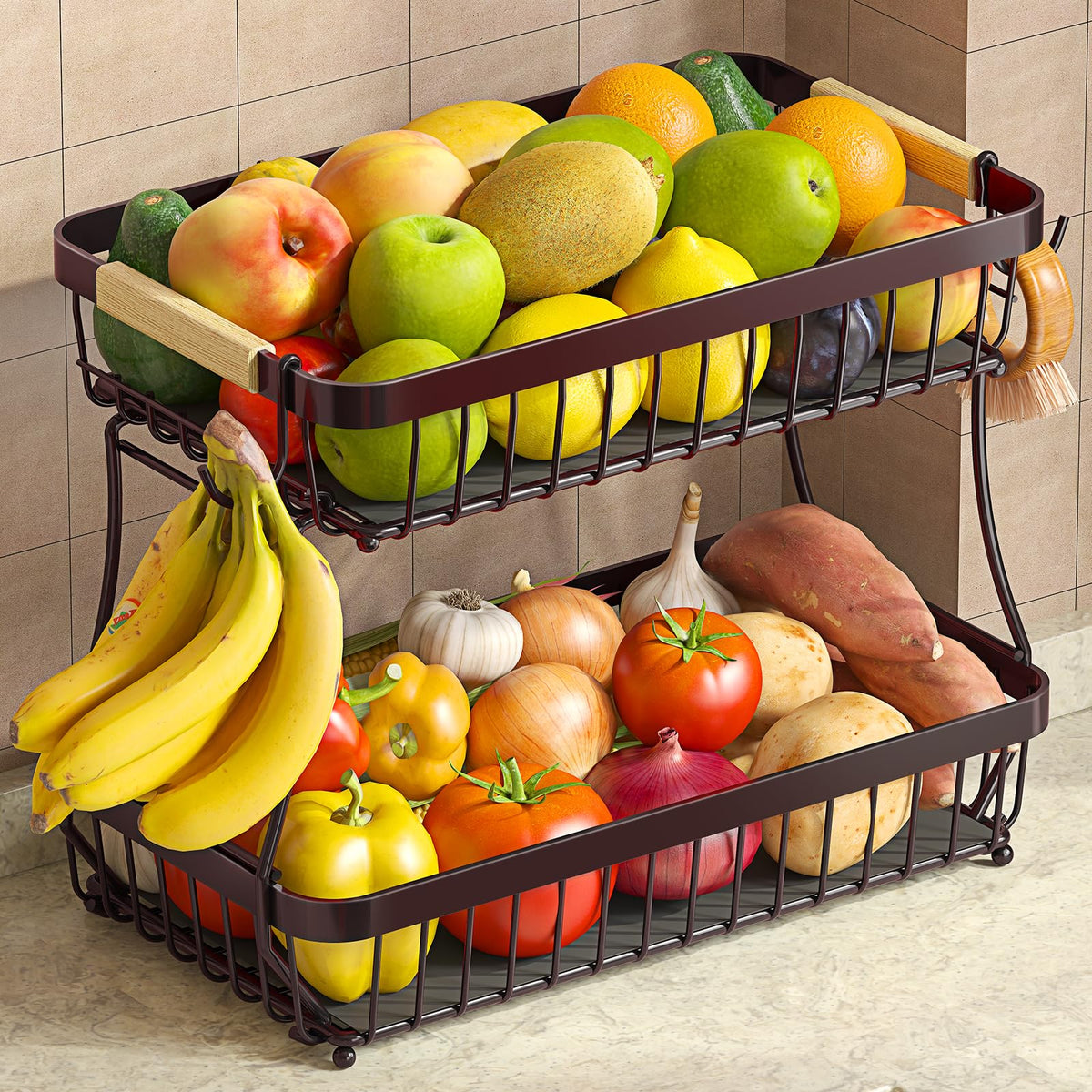 Sevenblue front view of 2-tier fruit basket showing tidy storage and appeal