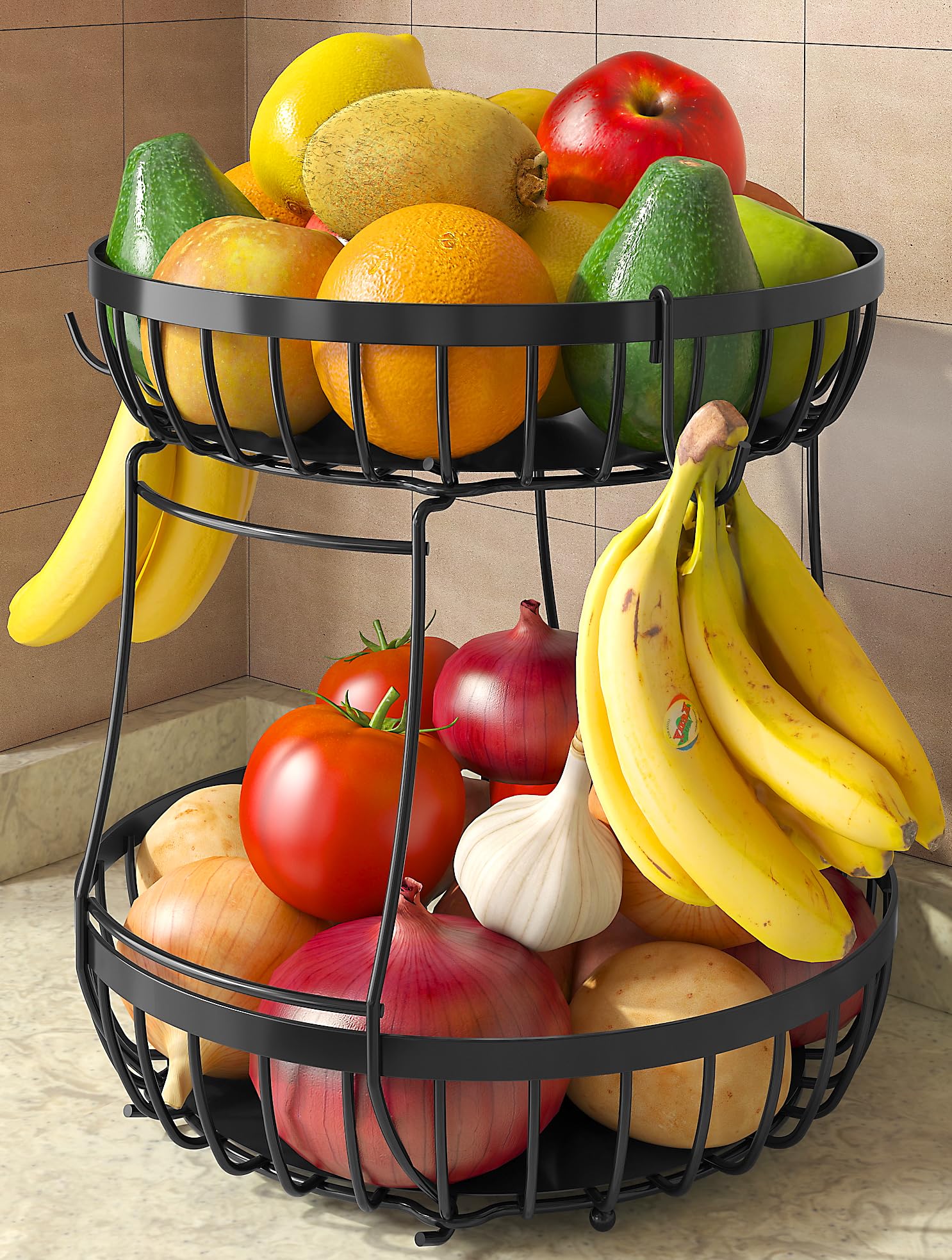 Sevenblue front view of two-tier fruit bowl showing organized storage benefit