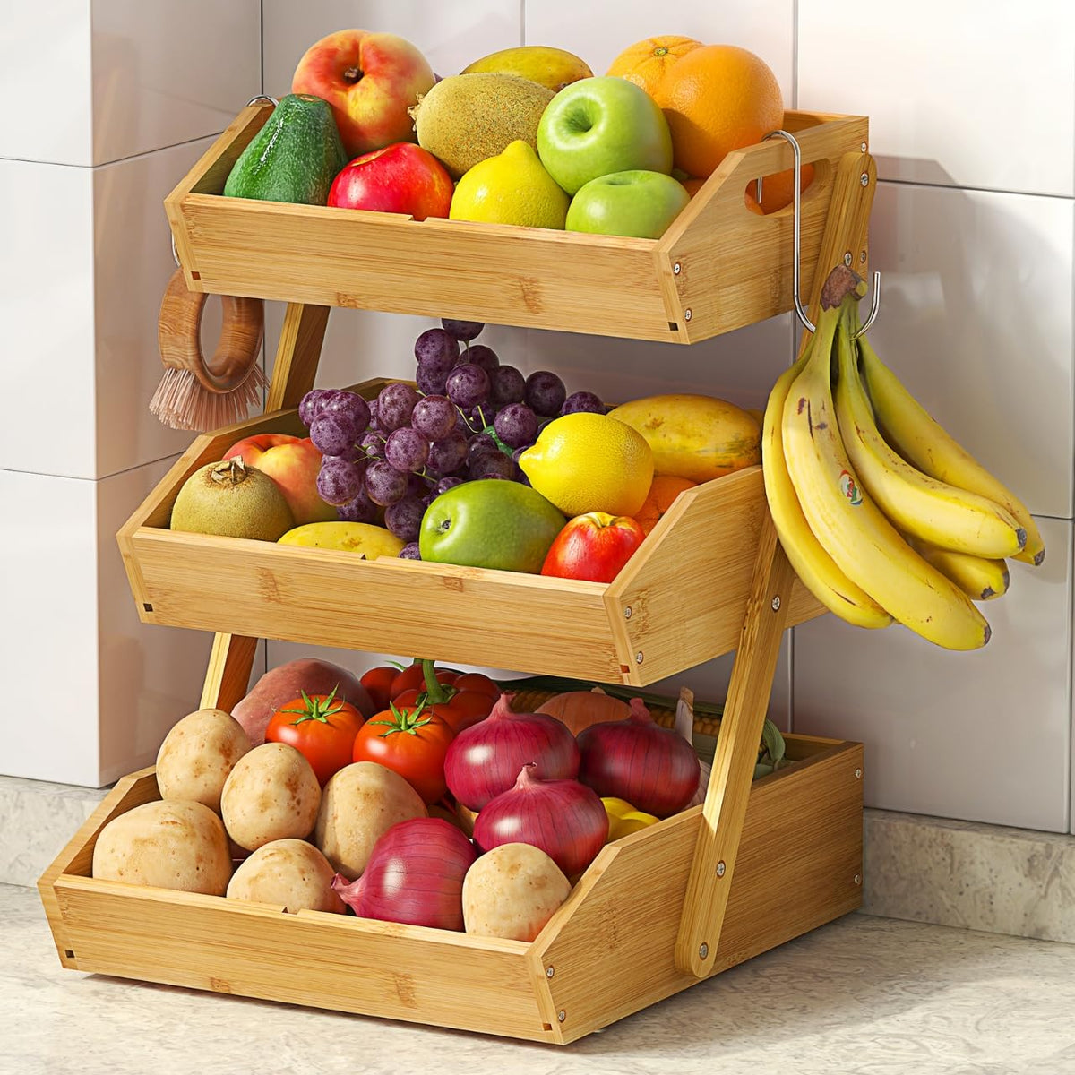 Sevenblue front view of full 3-tier bamboo basket showing neat organization and easy access
