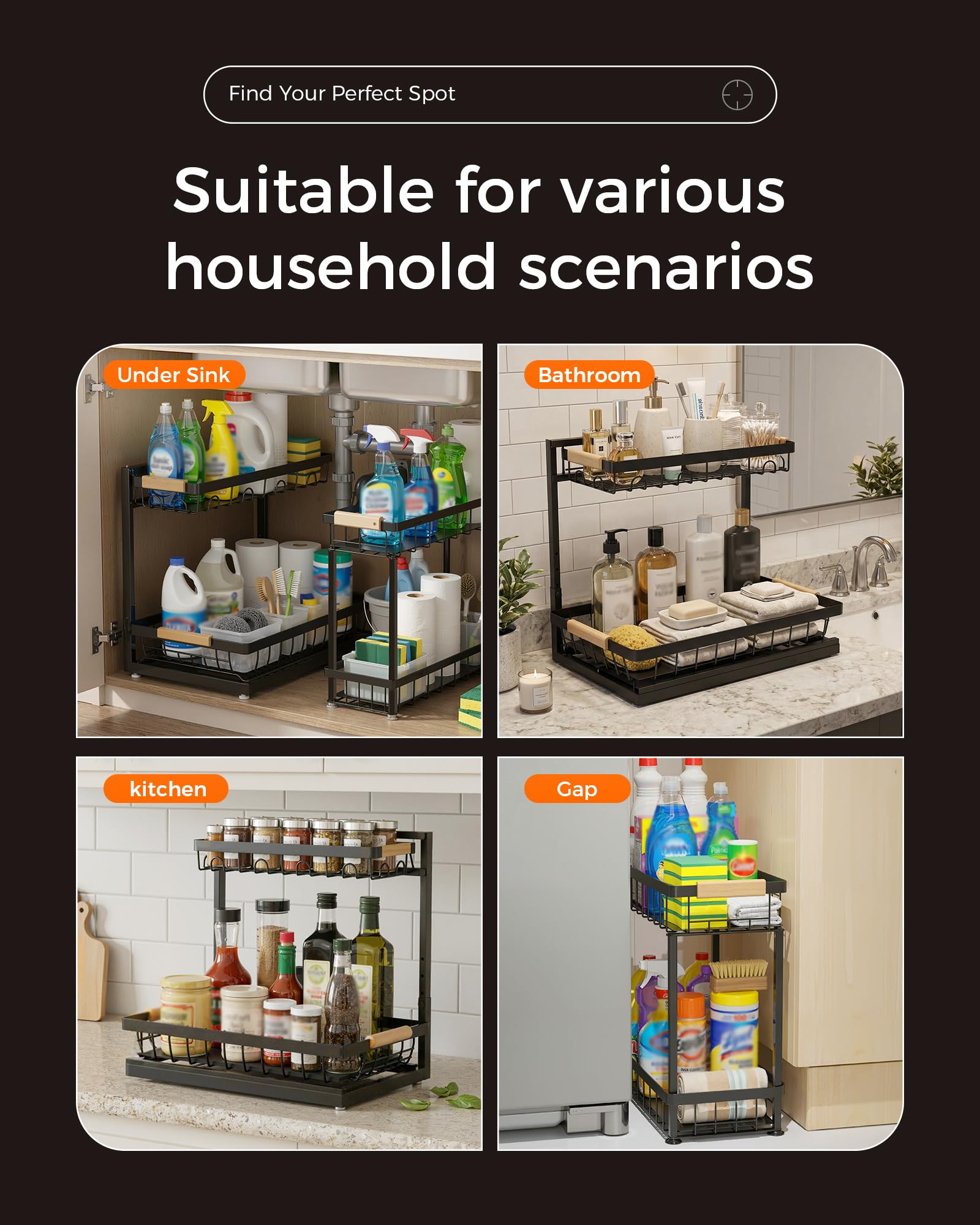 Sevenblue organizer on kitchen counter grouping frequently used jars and sprays neatly