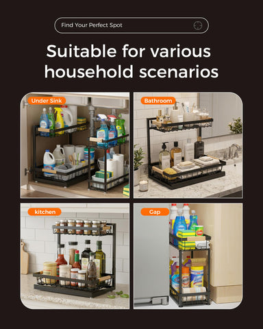 Sevenblue organizer on kitchen counter grouping frequently used jars and sprays neatly