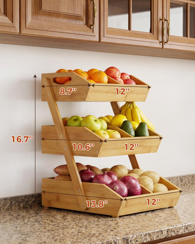 Sevenblue baskets with dividers separating apples oranges and onions for tidy storage