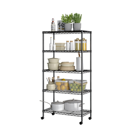 Seville Classics 5-tier front view showing full black steel shelving and organized storage