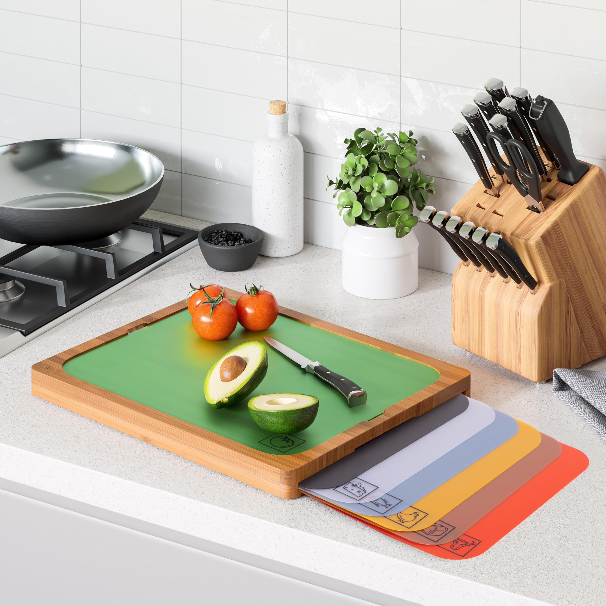 Seville Classics colorful fanned mats highlighting color-coded food organization