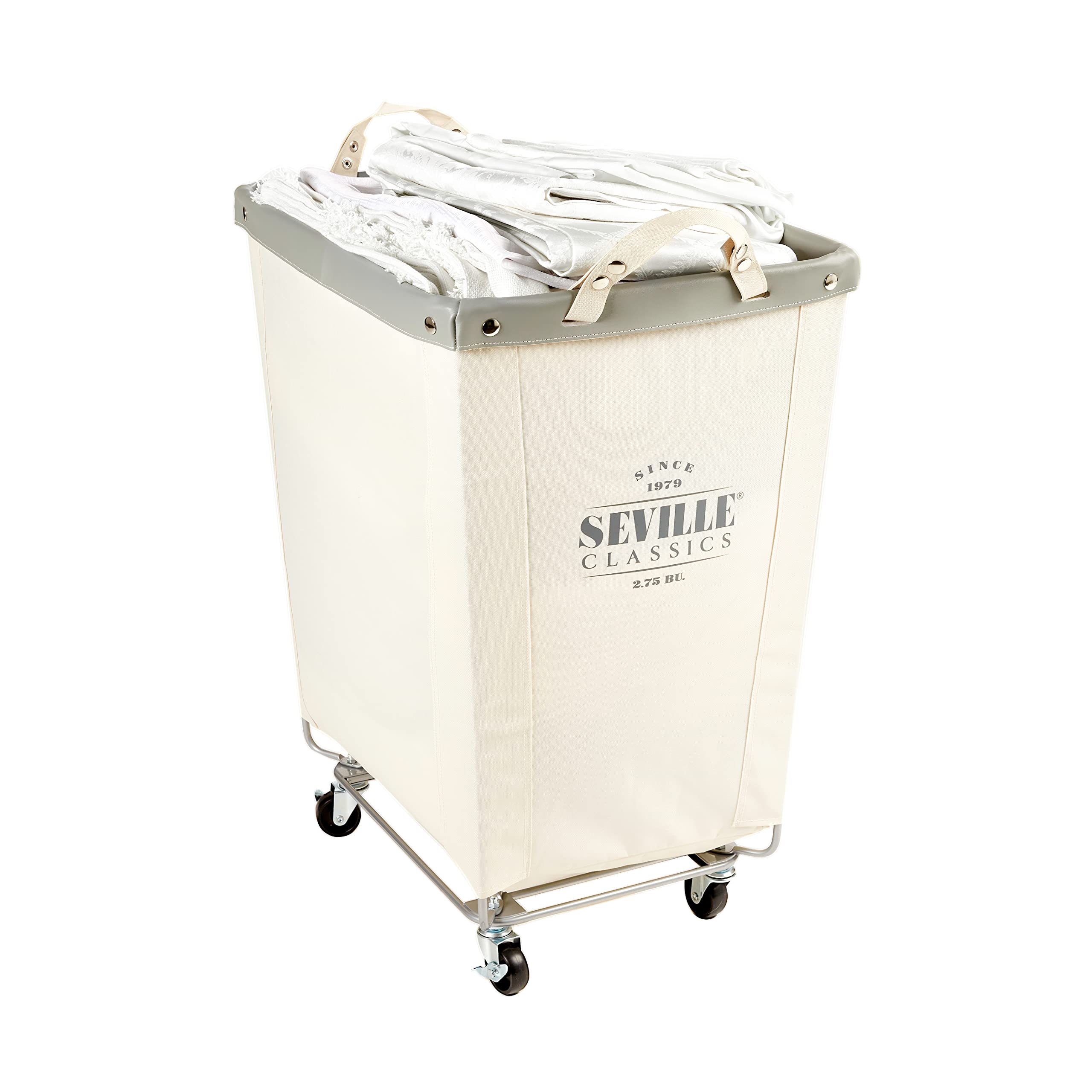 Seville Classics front view showing full canvas hamper and strong frame for heavy loads