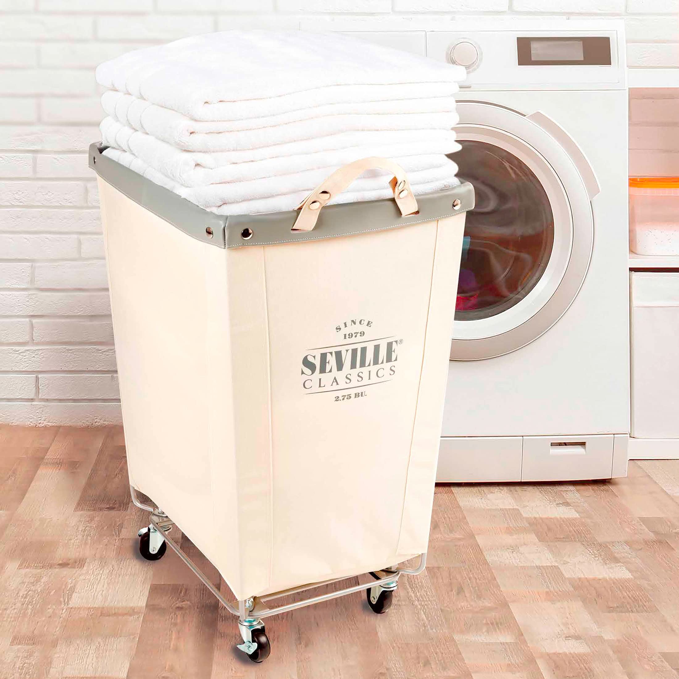 Seville Classics hamper in a laundry room holding towels demonstrating easy transport