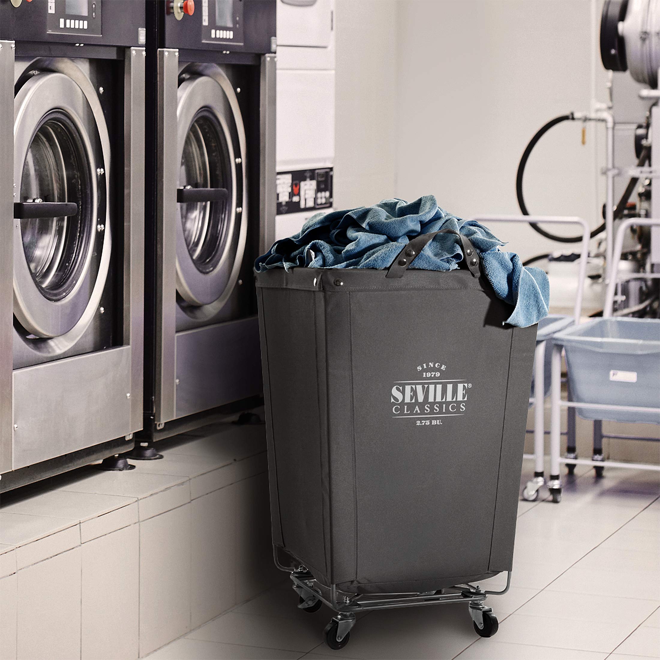 Seville Classics laundry hamper full of linens, demonstrates high-capacity benefit