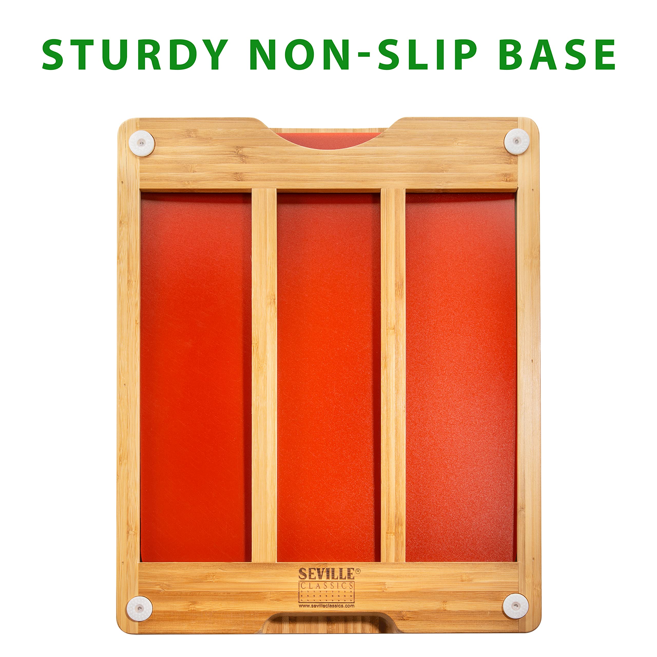 Seville Classics in-use slicing vegetables on a color-coded mat for safe prep