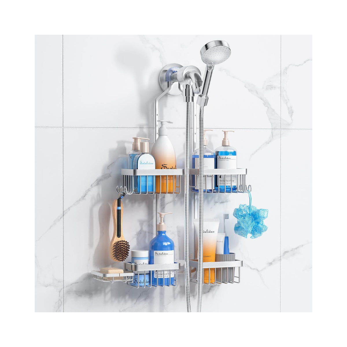Sewulidon front view of full hanging shower caddy showing organized storage benefit