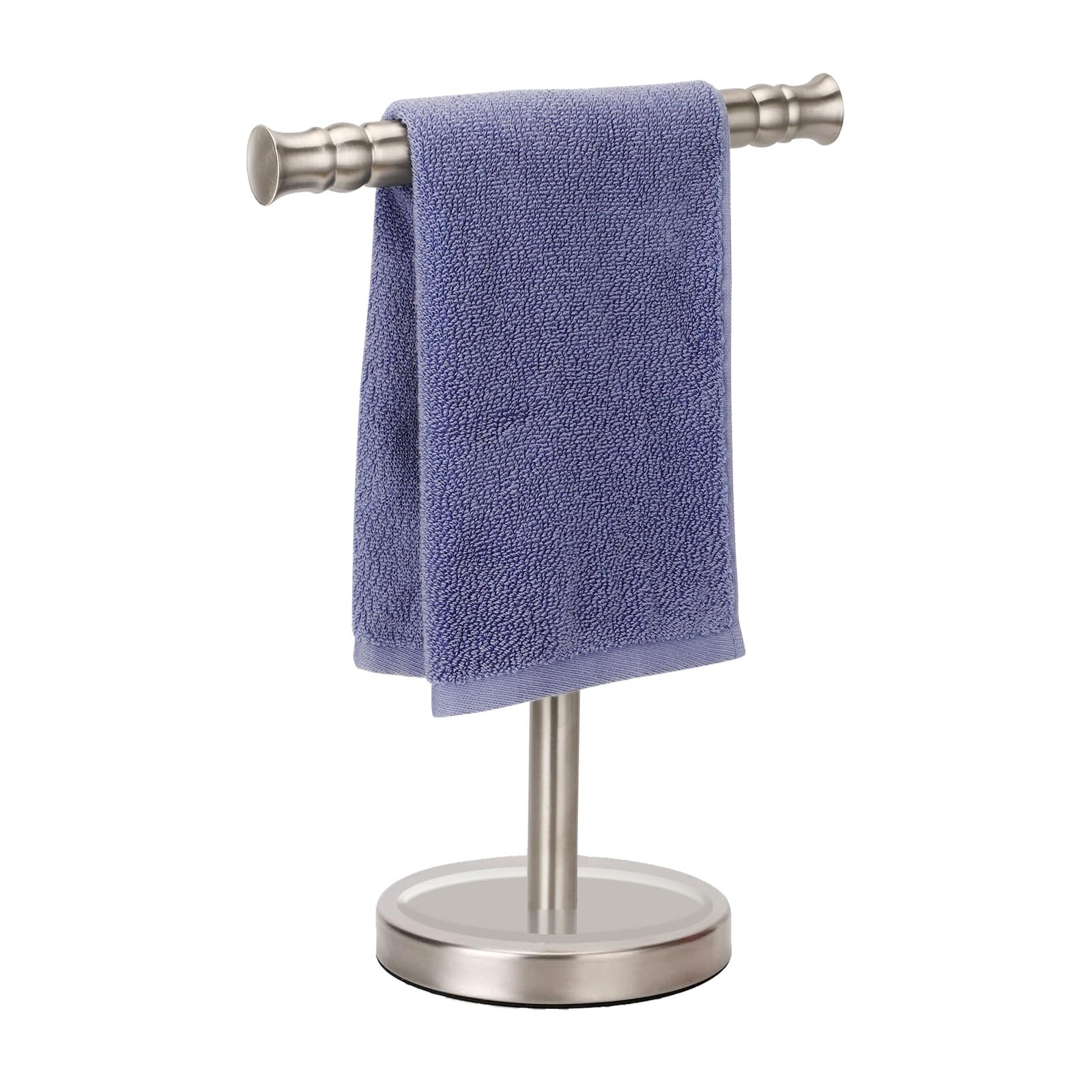 Sfemn front view of brushed nickel towel holder showing sleek profile and benefit of easy access