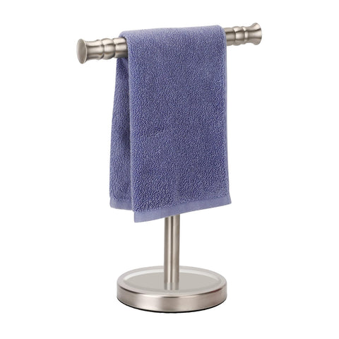 Sfemn front view of brushed nickel towel holder showing sleek profile and benefit of easy access
