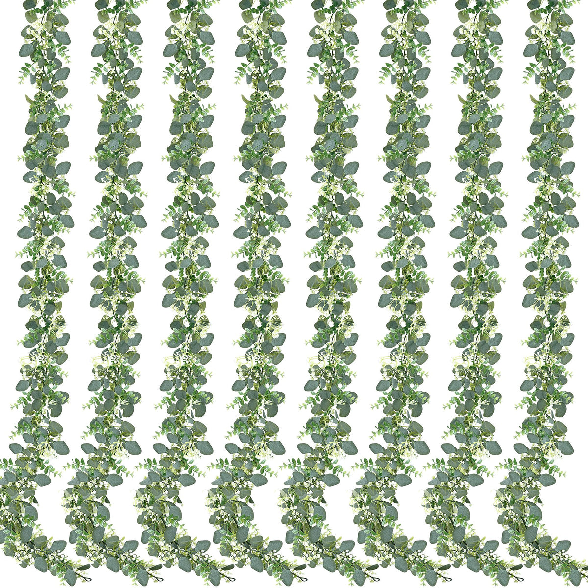 Sggvecsy front packaging showing full 8-pack greenery set and easy setup