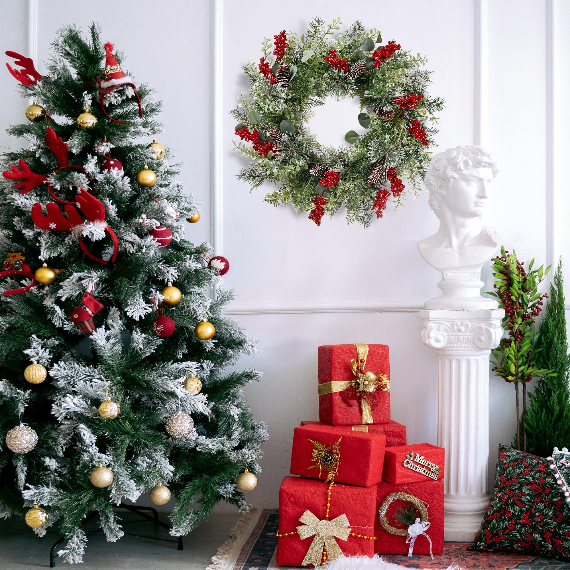Sggvecsy wreath hanging on porch under cover for protected outdoor display