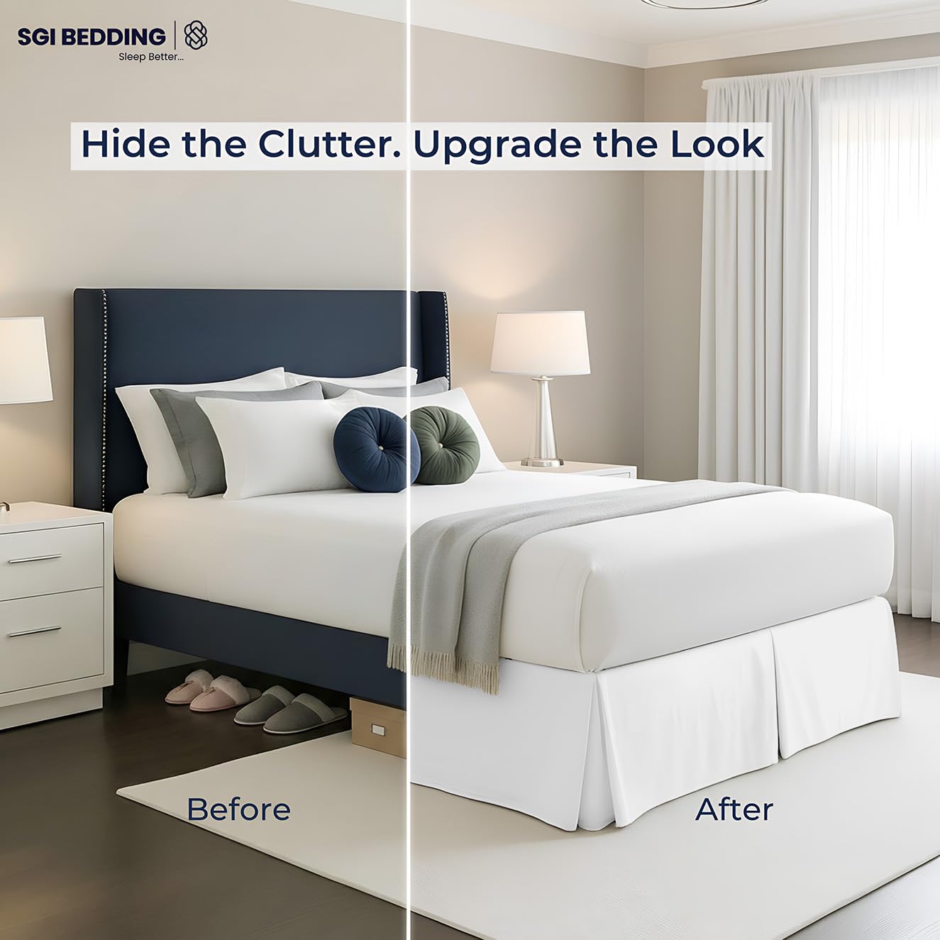 SGI Bedding full bedroom shot showing elegant white pleated skirt