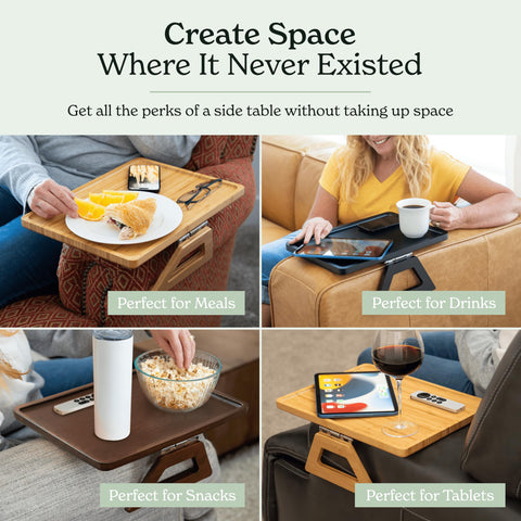 Shamrock Home trayble folded and slid under sofa showing compact storage advantage