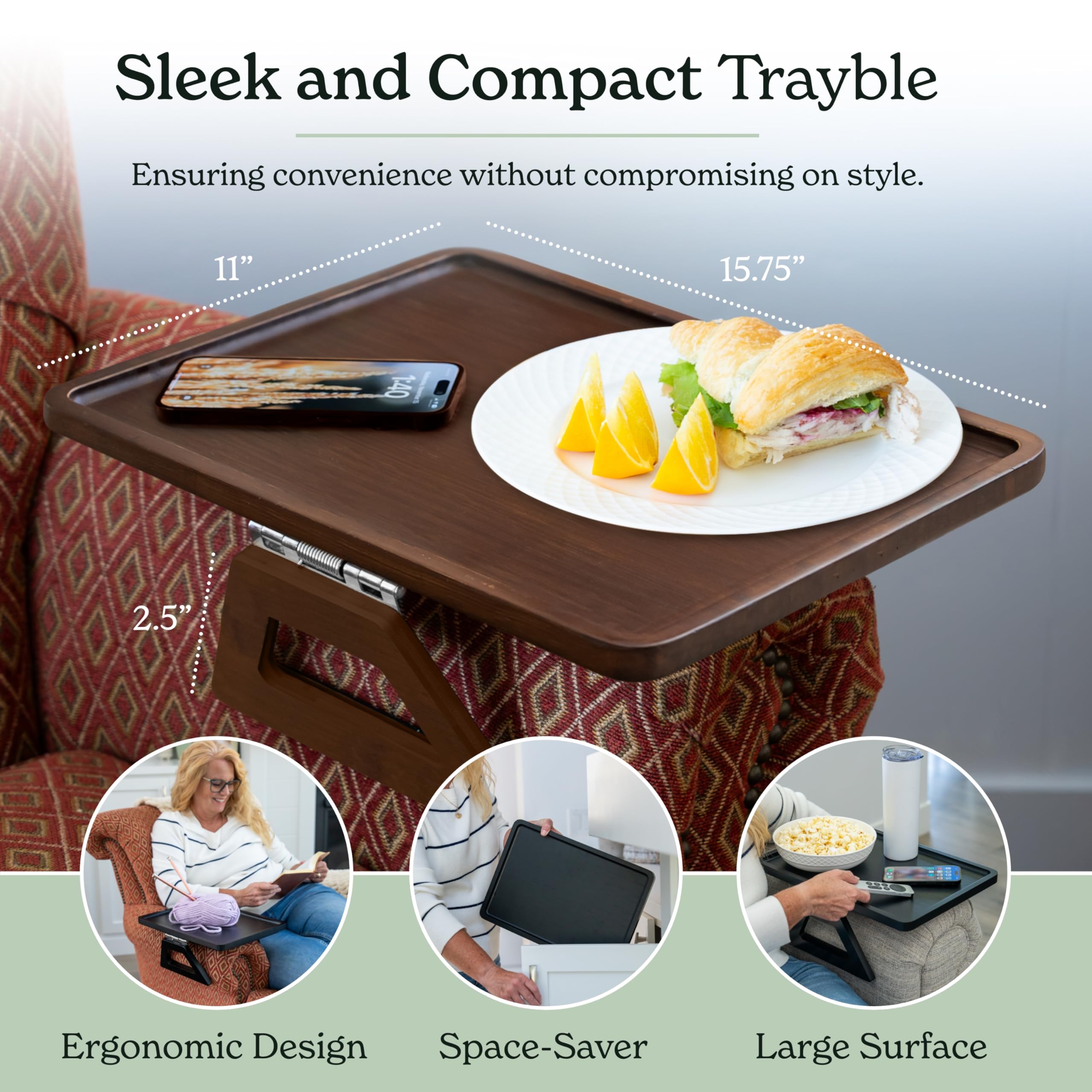Shamrock Home trayble clipped to couch arm with plate and cup demonstrating convenient in-use benefit