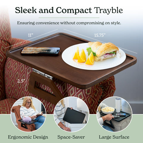 Shamrock Home trayble clipped to couch arm with plate and cup demonstrating convenient in-use benefit