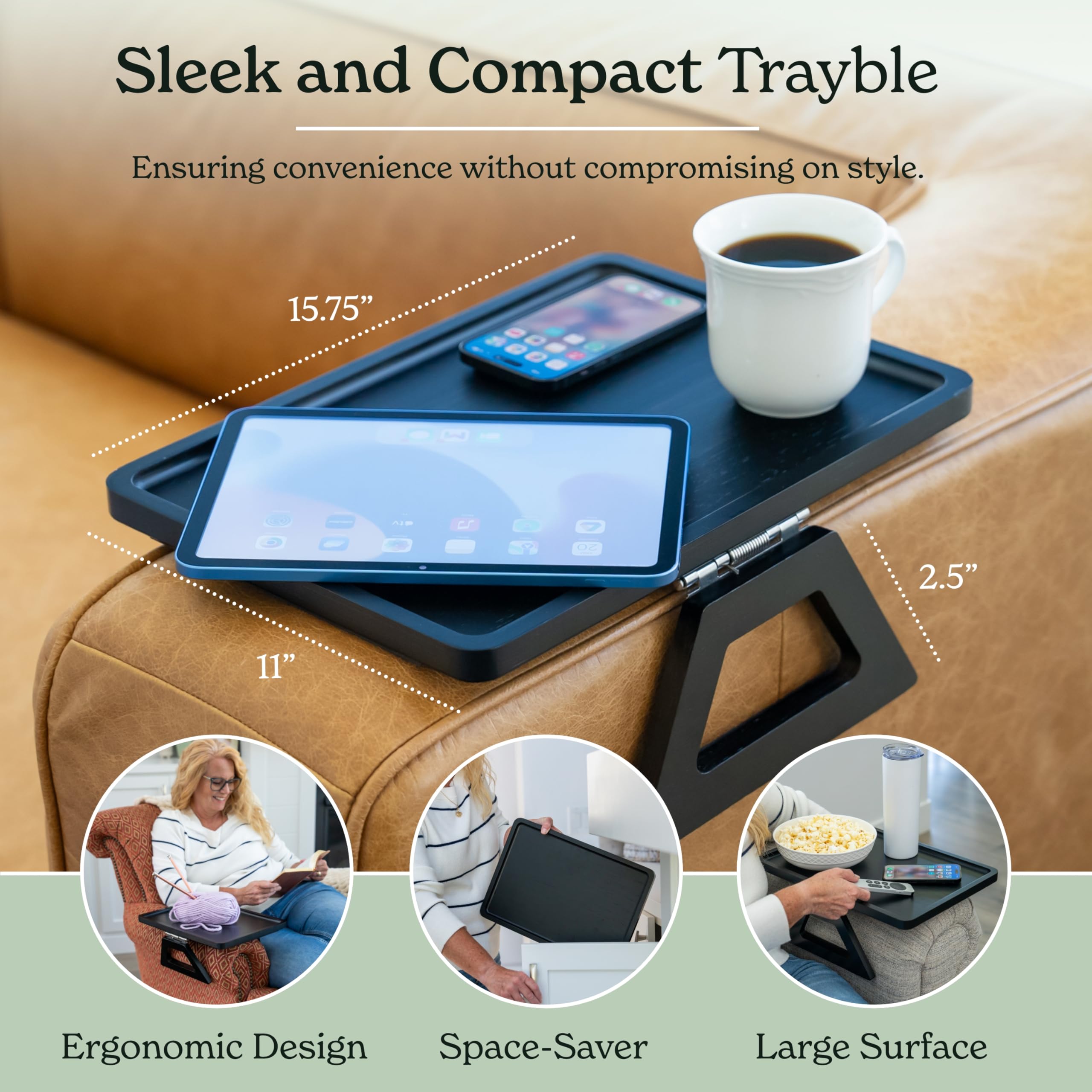 Shamrock Home trayble holding dinner plate and drink on a couch arm for convenient meals