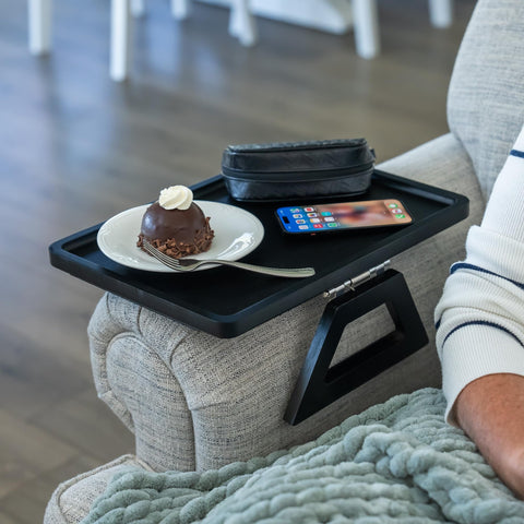 Shamrock Home tray with remotes and snacks organized for hands-free TV watching