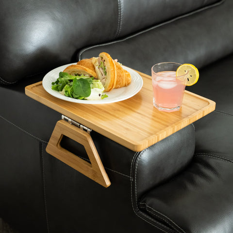 Shamrock Home trayble supporting plate and drink during TV dinner to illustrate practical use