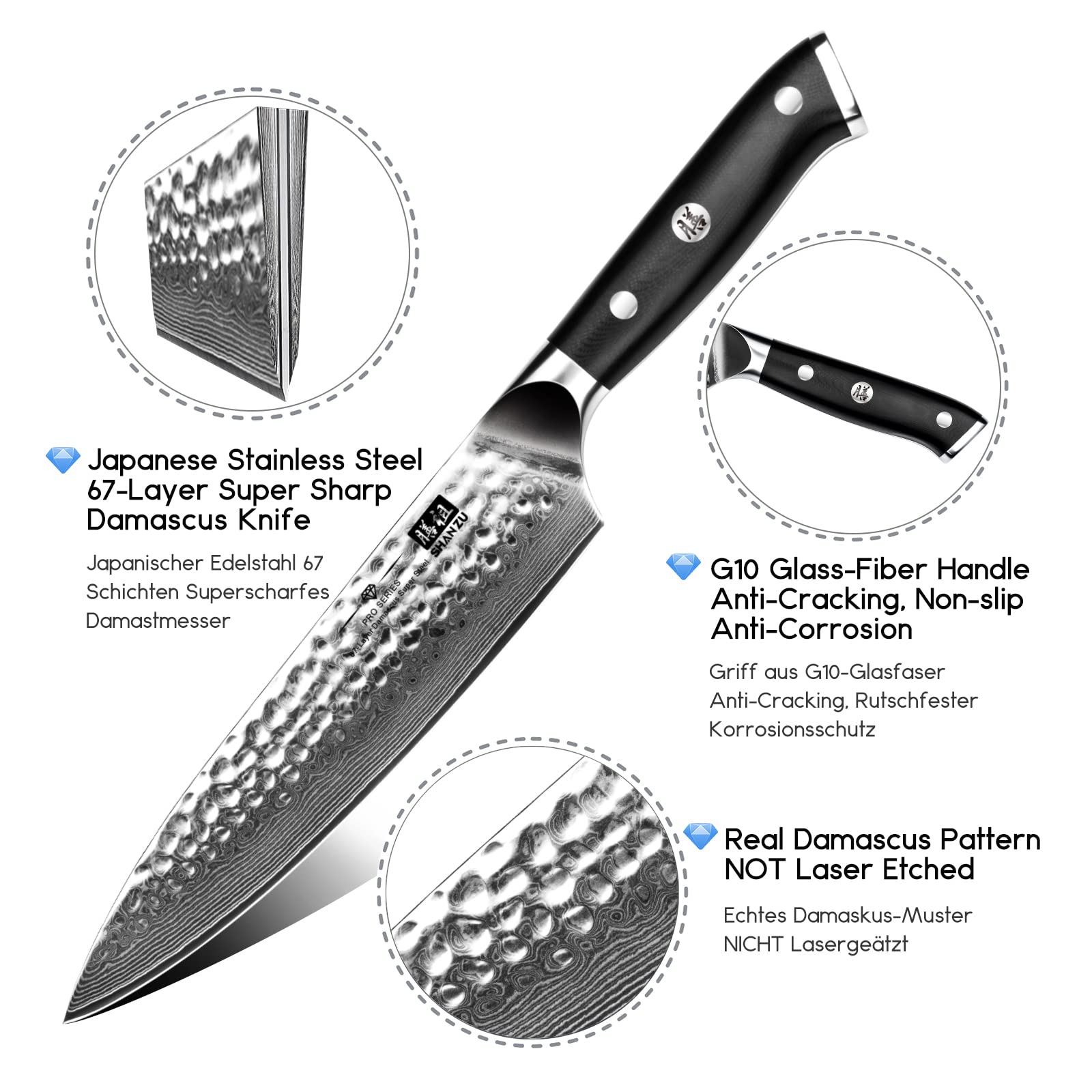 SHAN ZU close-up of Damascus blade pattern highlighting layered steel beauty and durability