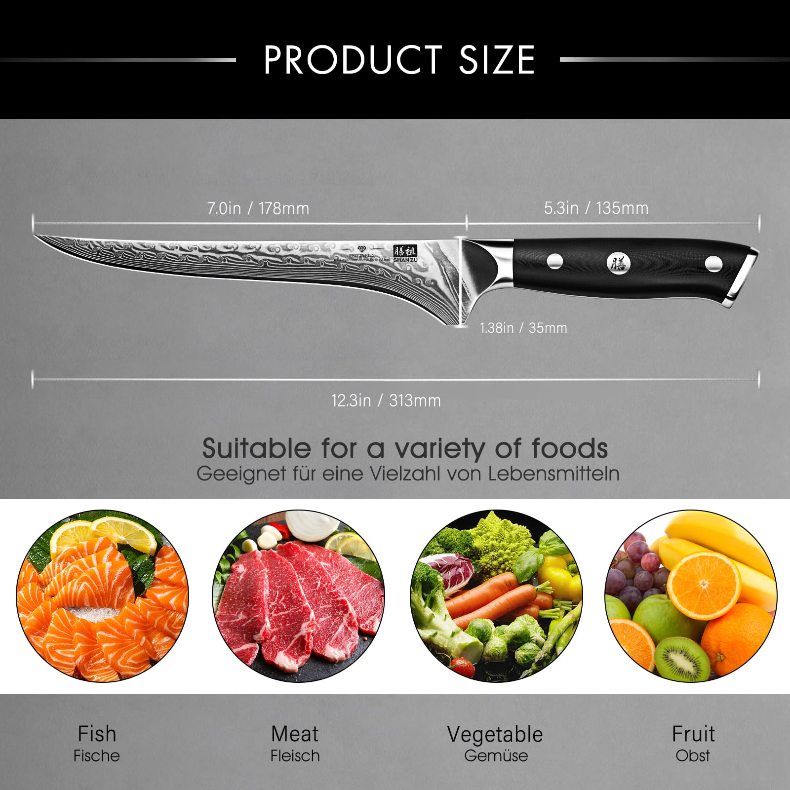 SHAN ZU knife next to ruler showing 7-inch length for scale and planning