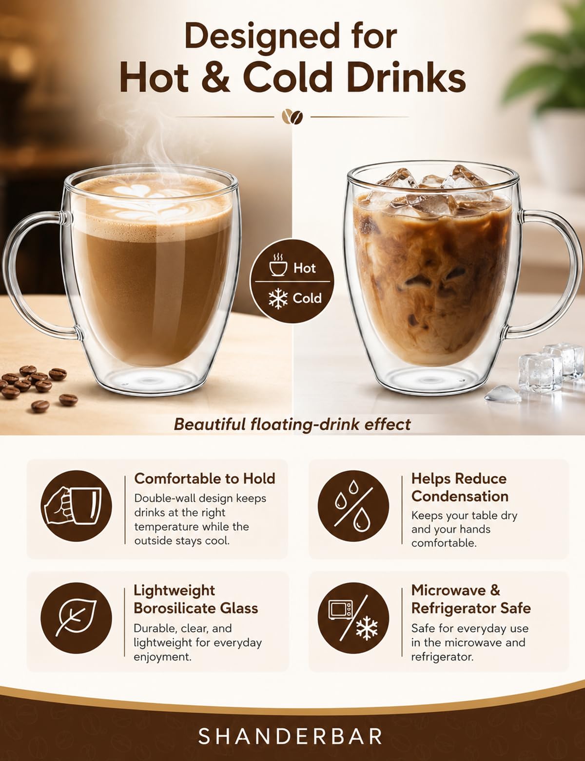 SHANDERBAR latte in glass showcasing layered drink presentation appeal
