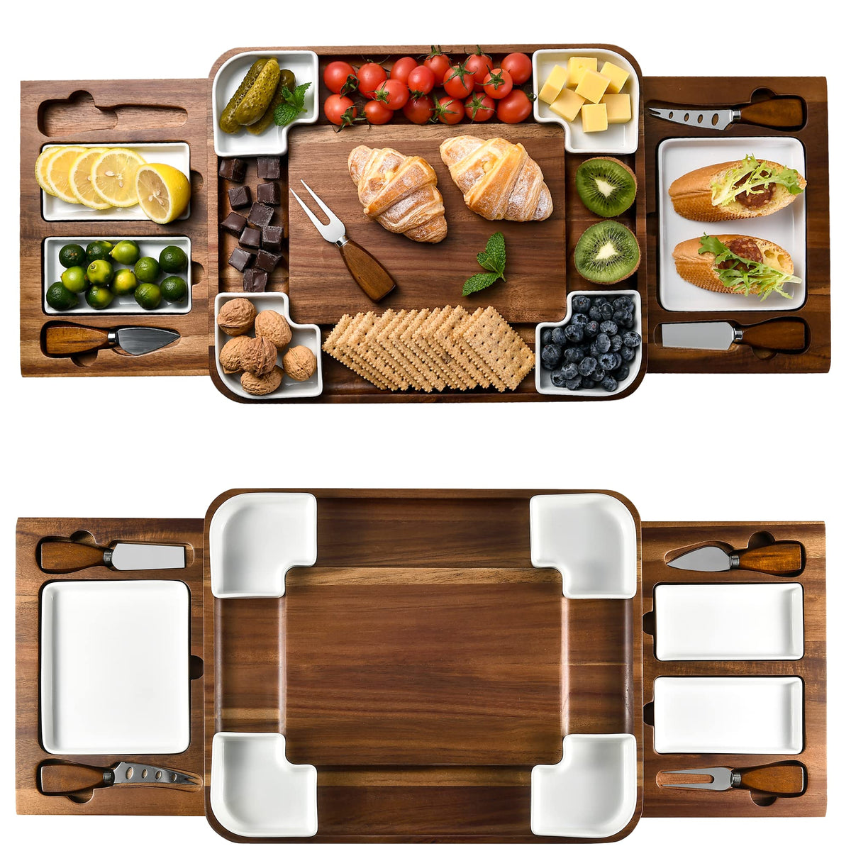 Shanik Acacia board front view showing elegant serving surface and storage benefit