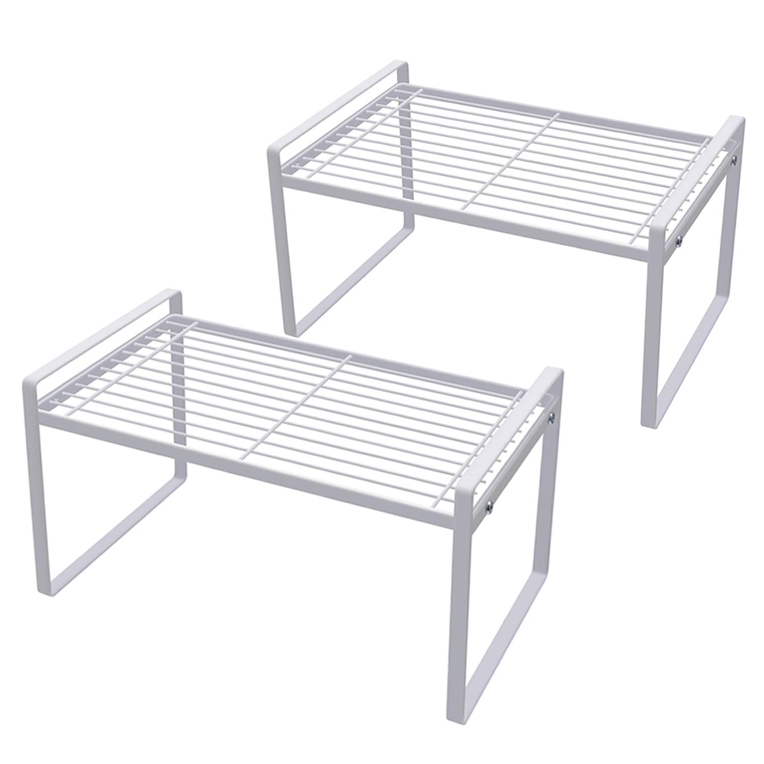 Shantton front view of white shelf riser showing clean storage and visibility
