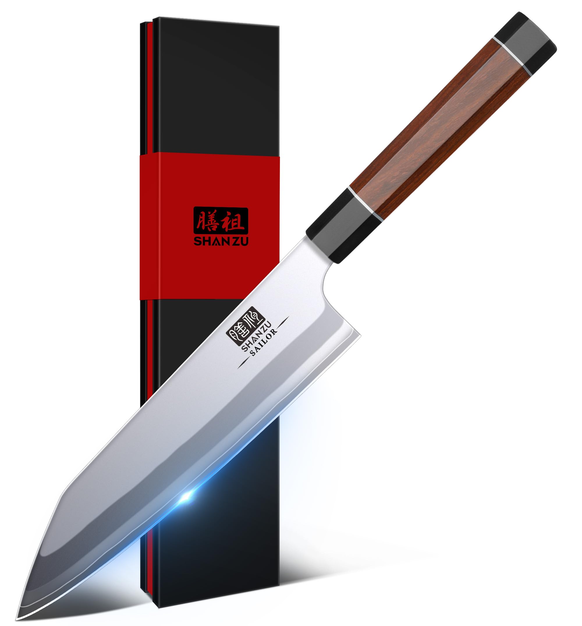 SHAN ZU front view of 8-inch chef knife showing full blade and handle, clear balance benefit