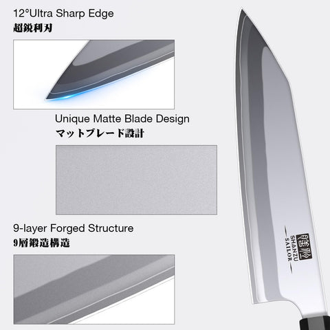 SHAN ZU close-up of 9-layer forged steel pattern, highlighting durability benefit