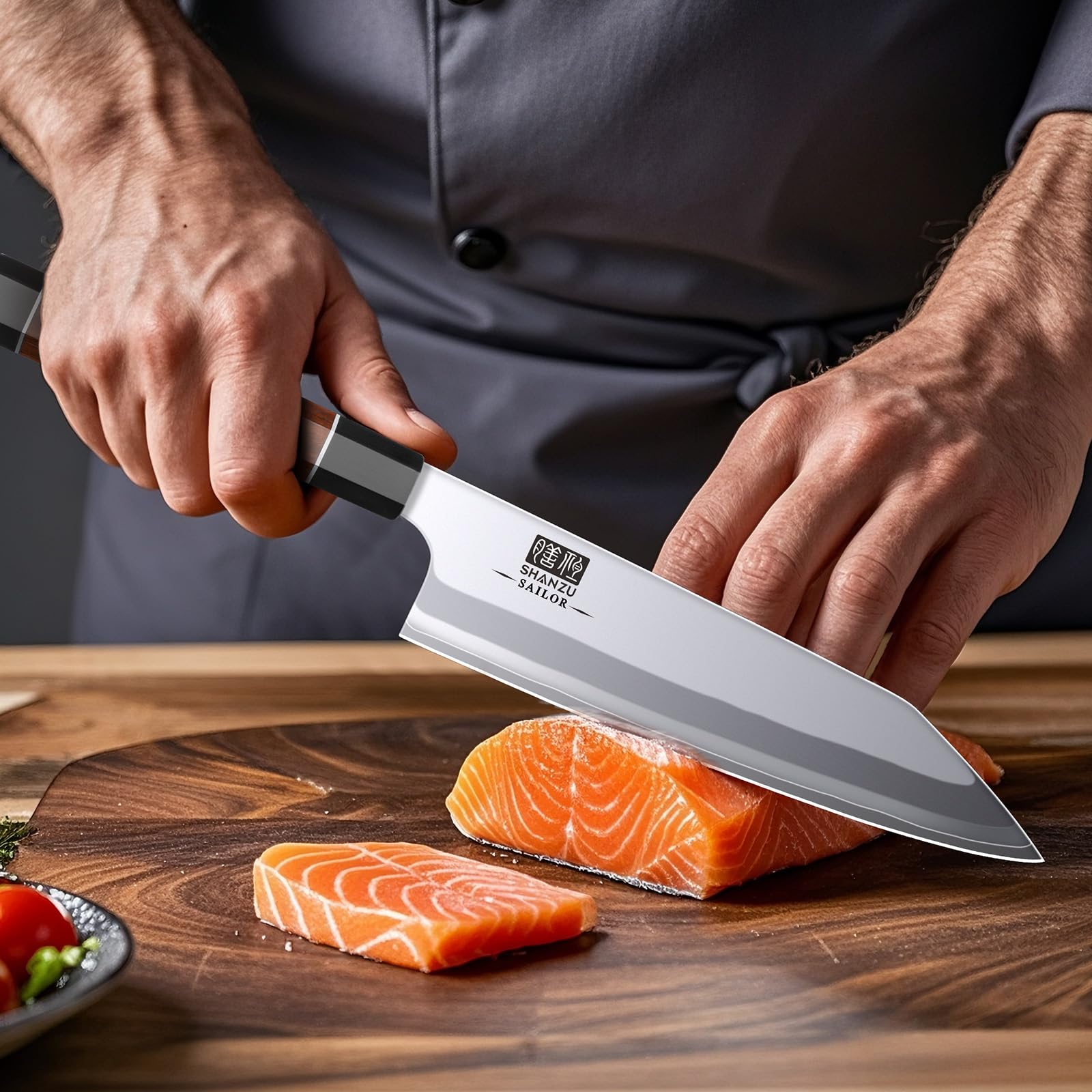 SHAN ZU chef knife slicing vegetables in kitchen, demonstrating precise cutting benefit