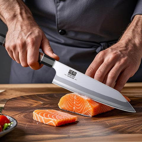 SHAN ZU chef knife slicing vegetables in kitchen, demonstrating precise cutting benefit