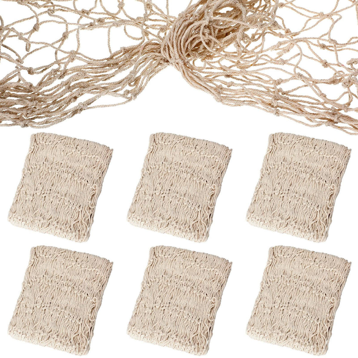 Shappy cotton fish net pack front view showing six beige nets and neat folds, versatile décor