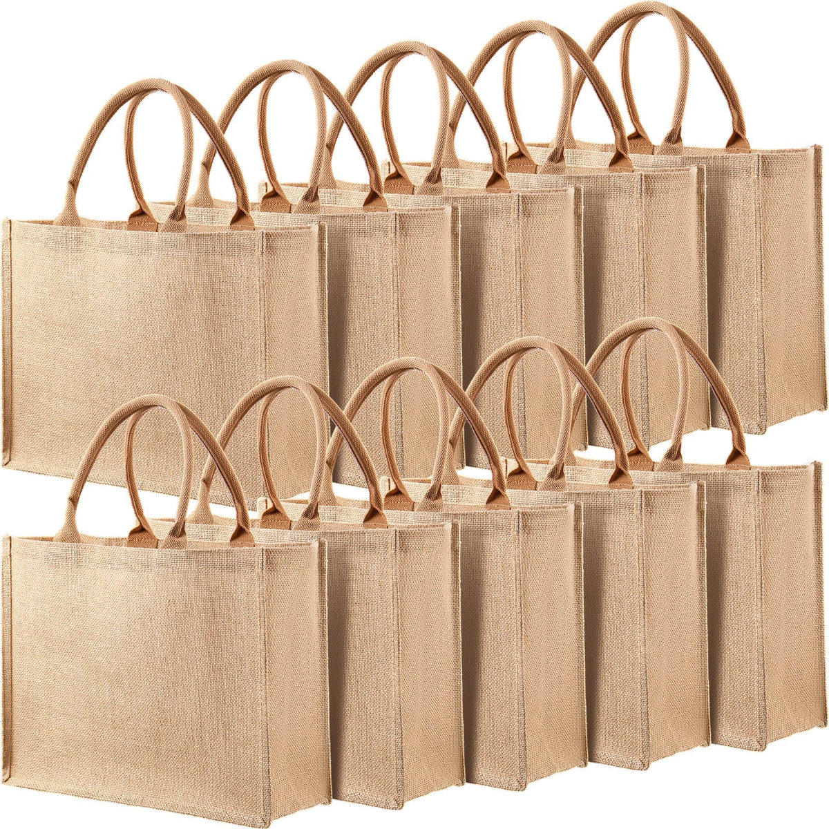 Shappy front view of ten burlap tote bags showing clean blank fronts for branding