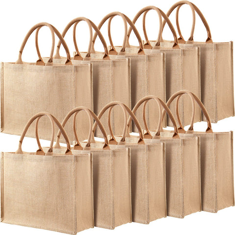 Shappy front view of ten burlap tote bags showing clean blank fronts for branding