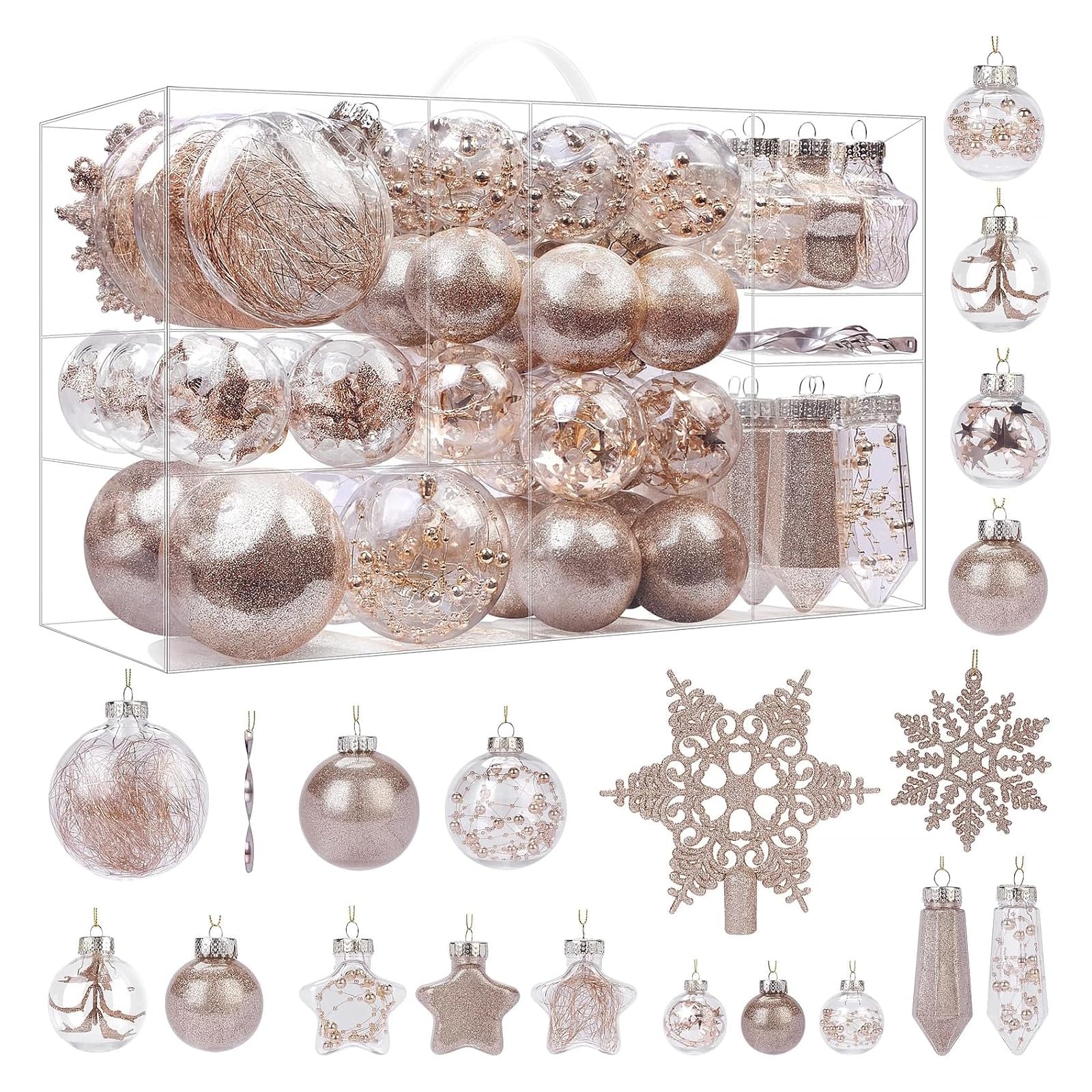 SHareconn front packaging showing 100-piece champagne clear ornament set, ready to decorate
