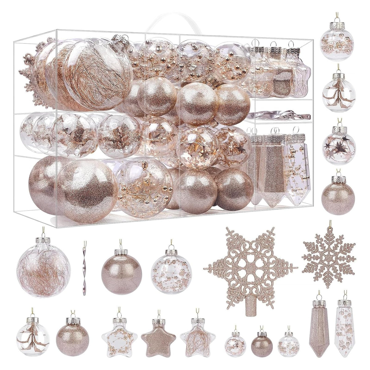 SHareconn front packaging showing 100-piece champagne clear ornament set, ready to decorate