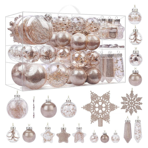 SHareconn front packaging showing 100-piece champagne clear ornament set, ready to decorate