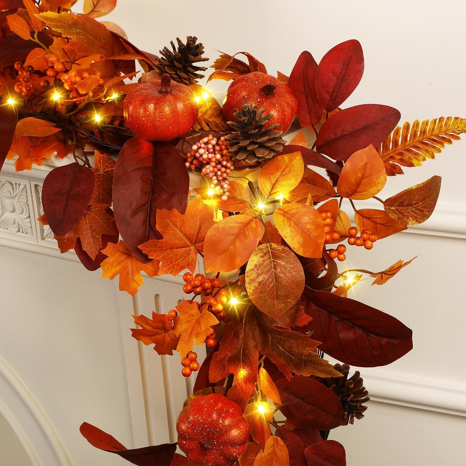 SHareconn front view of 9ft fall garland showing full autumn display benefit
