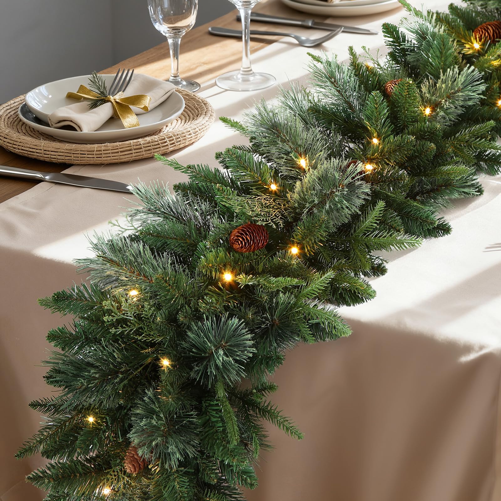 SHareconn garland front view showing full rustic cedar greenery and pine cones, enhances décor