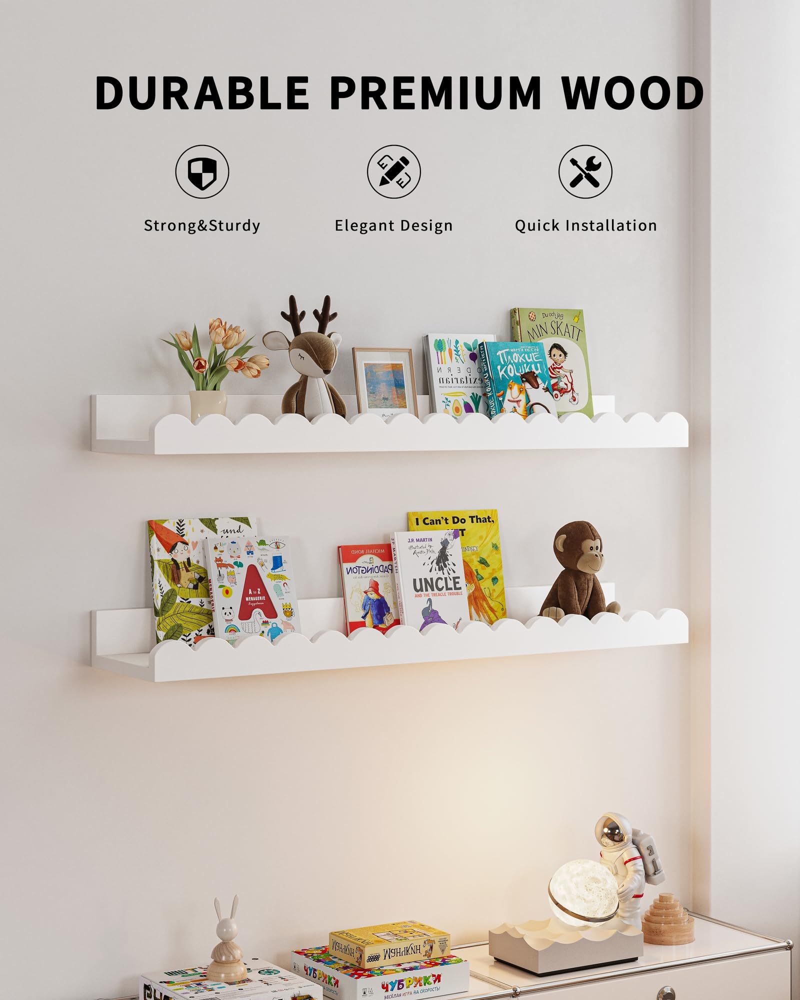 Shario shelves with children's books displayed giving easy access and encouraging reading