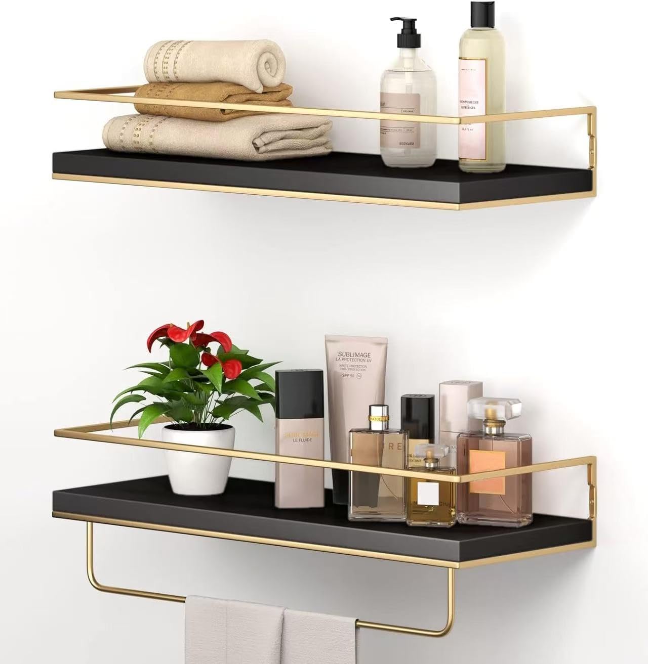 Shario front view of black gold shelves showing sleek storage and style