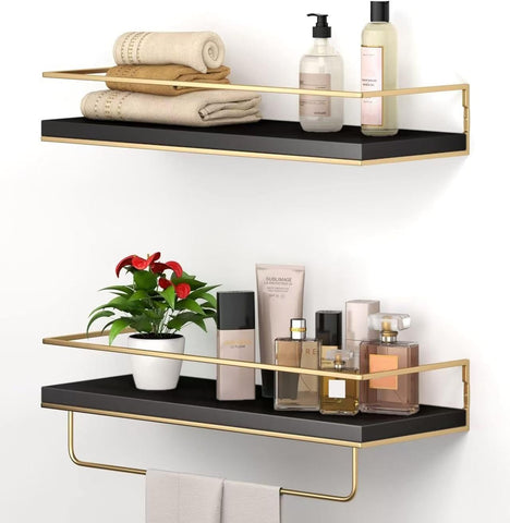 Shario front view of black gold shelves showing sleek storage and style