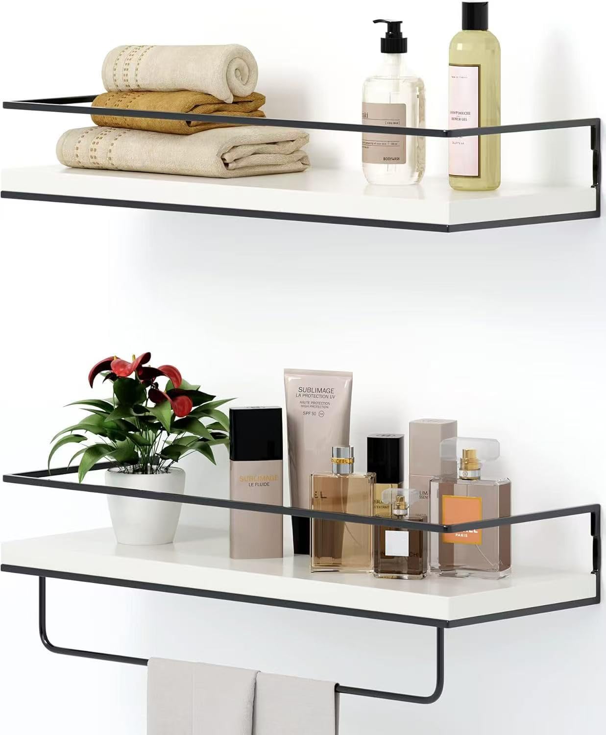 Shario front view white floating shelves showing clean storage benefit