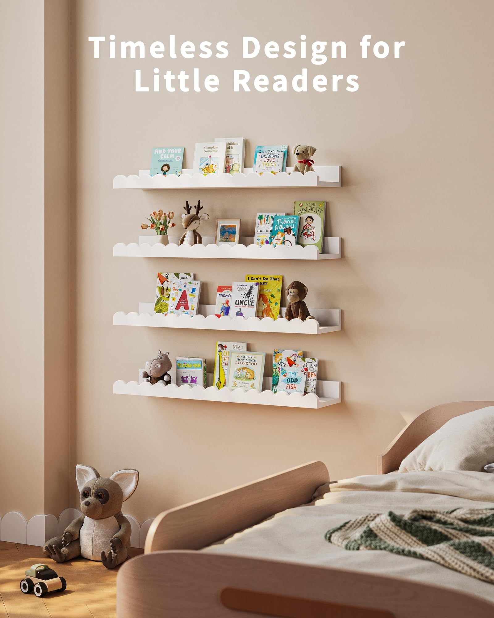 Shario shelves styled in nursery showing decorative flair and organized storage benefit
