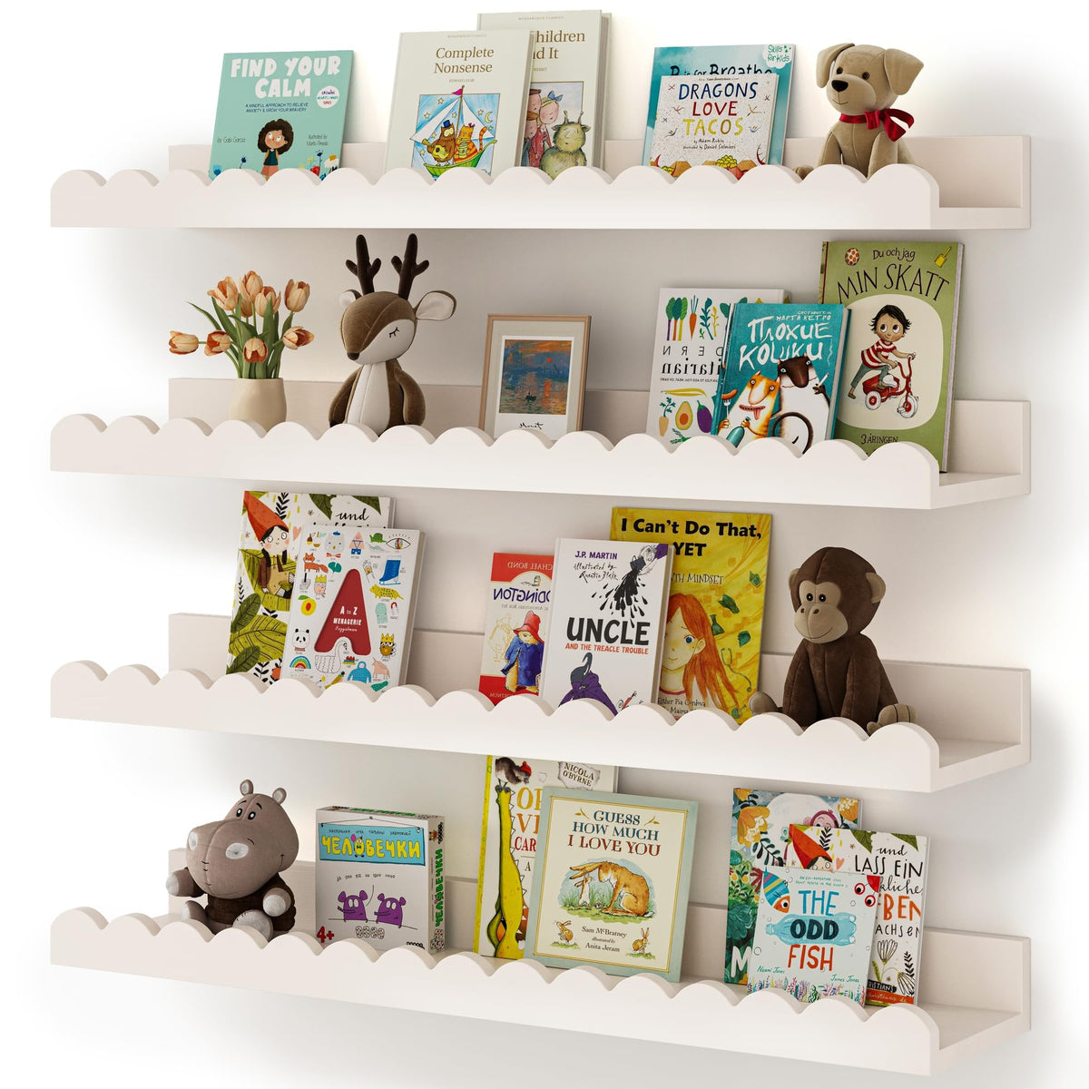 Shario scalloped front view of white floating shelf showing tidy books and safety benefit