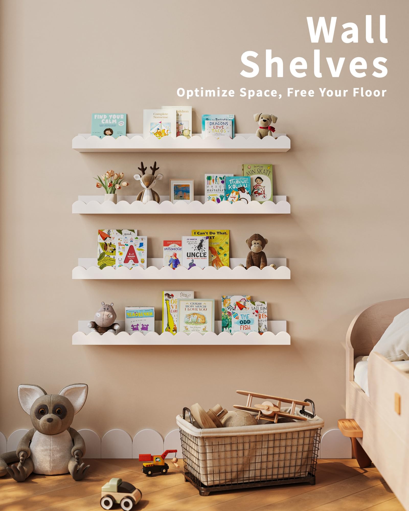 Shario shelf next to toys for scale showing compact footprint and space-saving benefit