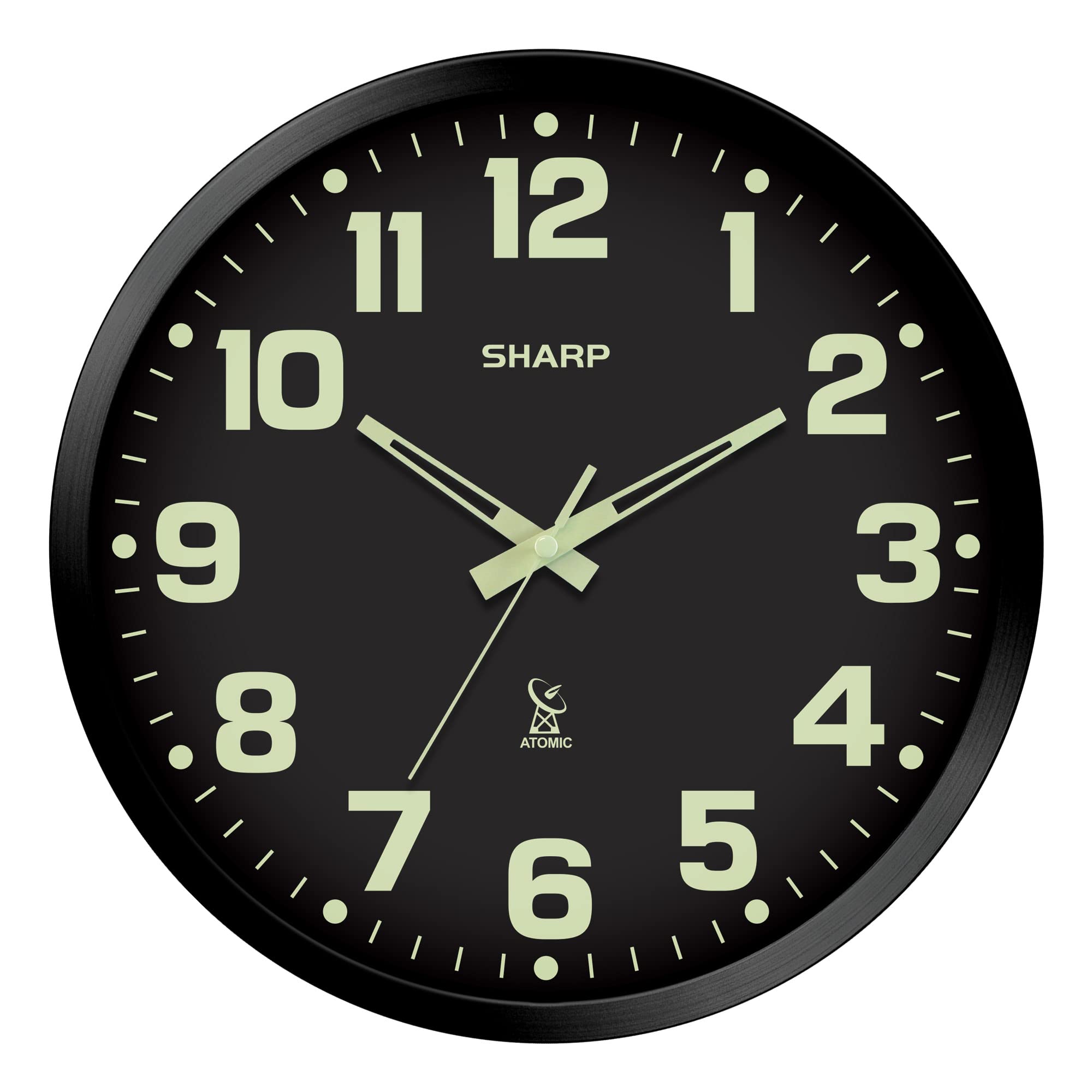 Sharp 12-inch atomic wall clock front view showing clear numerals and hands for easy reading